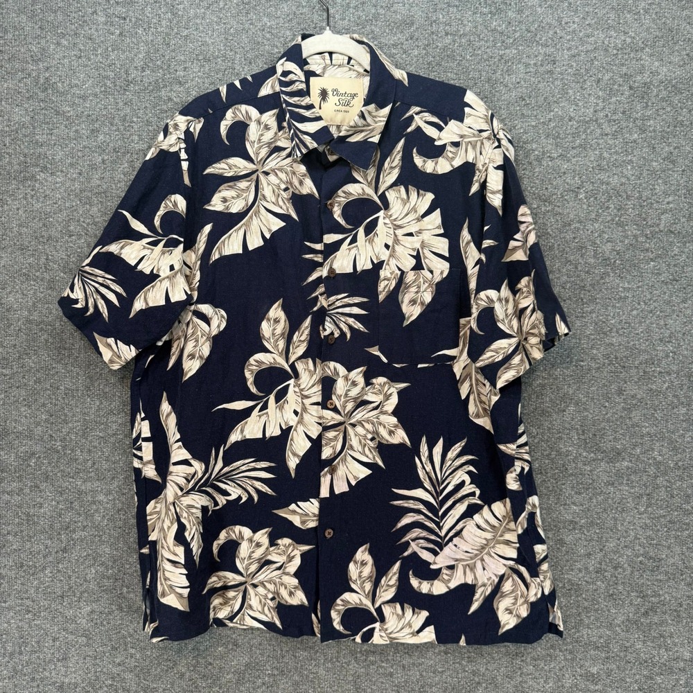 Vintage Silk Button Up Shirt Mens XL Blue Linen Blend Hawaiian Palm Leaf Print